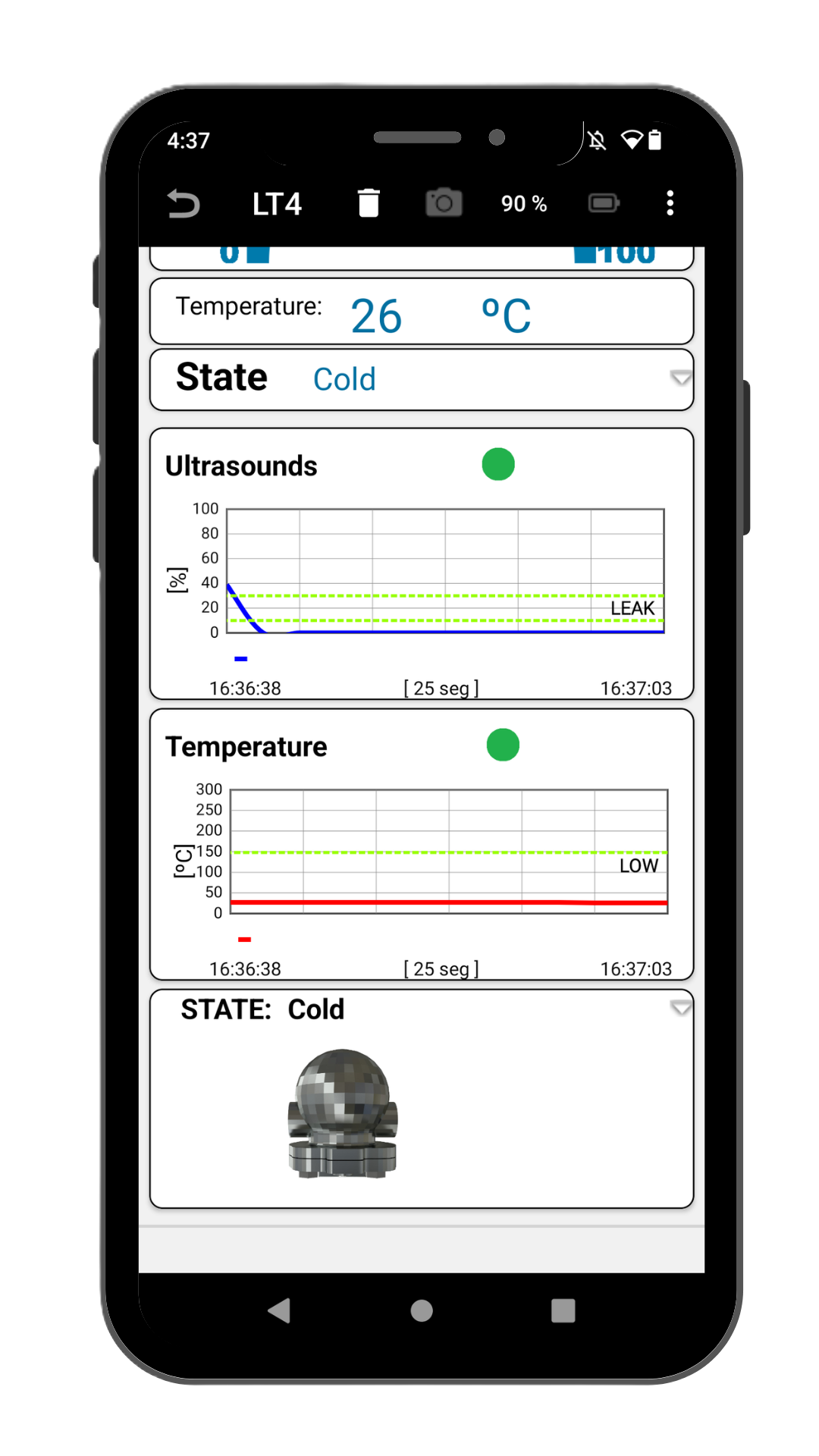 Grafici dei sensori durante l’ispezione in SmartWatchWeb Mobile