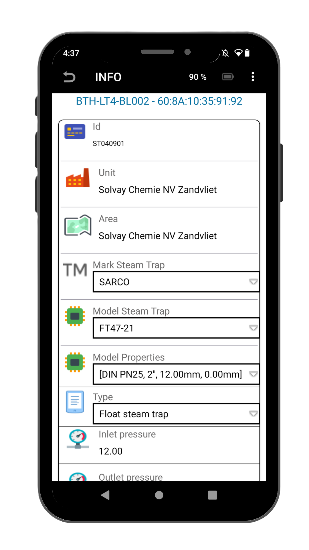 Scheda tecnica asset in SWW Mobile